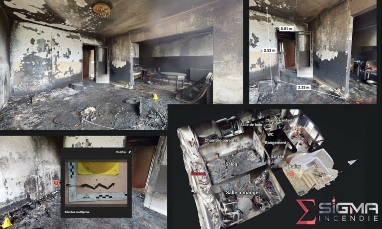 Analyse, plan, 3D, scan, scène, feu, incendie